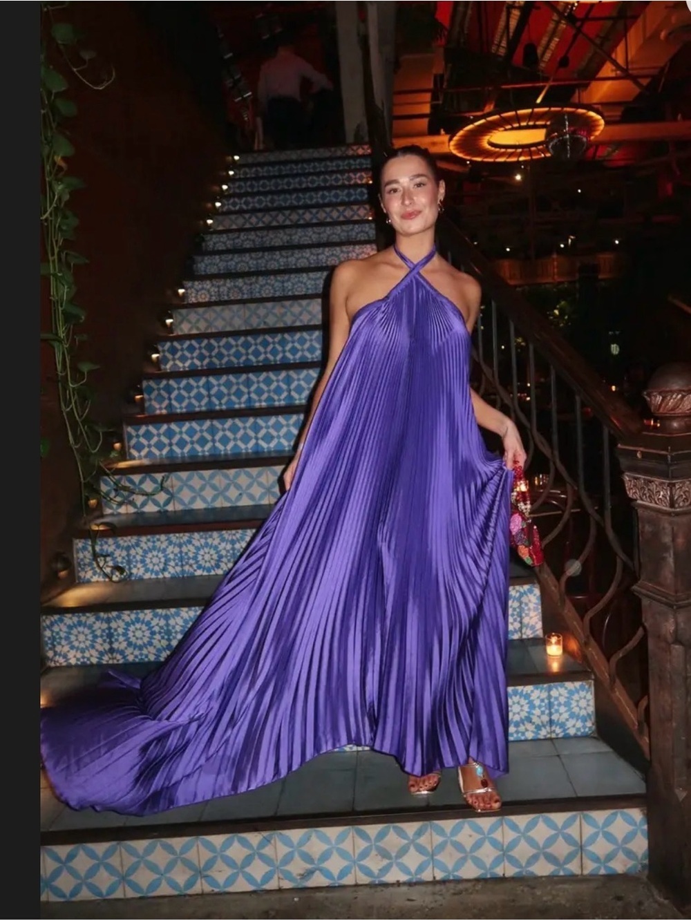 L'IDÉE Déesse Gown Pleated Halter Maxi Dress in Vibrant Purple Sz US 12